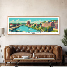 Load image into Gallery viewer, Davenport Iowa Panoramic Wall Art, Mid Century Modern Framed Canvas Print, Retro Pop Art Travel Poster, City Art Gift, Home Decor
