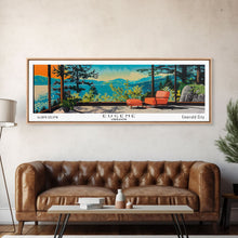 Load image into Gallery viewer, Eugene Oregon Panoramic Art, Mid Century Modern Framed Canvas Print, Retro Pop Art Travel Poster, Office Wall Decor
