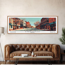 Carregar imagem no visualizador da galeria, Evansville Indiana Panoramic Painting, Mid Century Modern Framed Canvas Print, Retro Pop Art Travel Poster, Living Room Wall Art
