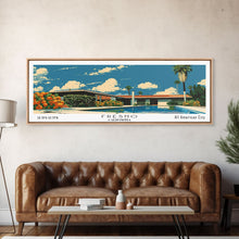 Load image into Gallery viewer, Fresno California Panoramic Painting, Mid Century Modern Framed Canvas Print, Retro Pop Art Travel Poster, Living Room Wall Art
