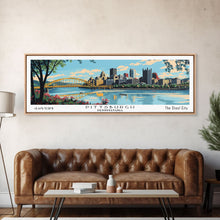 Cargar imagen en el visor de la galería, Pittsburgh Pennsylvania Panoramic Wall Art, Mid Century Modern Framed Canvas Print, Retro Pop Art Travel Poster, City Art, Office Wall Decor, Living Room Art
