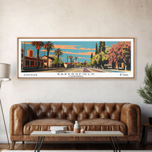 Carregar imagem no visualizador da galeria, Bakersfield California Panoramic Painting, Framed Canvas Print, Mid Century Modern Wall Art, Retro Pop Art Travel Poster, Living Room Decor, City Art

