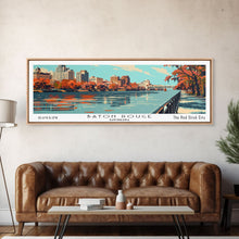 Load image into Gallery viewer, Baton Rouge Louisiana Panoramic Painting, Framed Canvas Print, Mid Century Modern Wall Art, Retro Pop Art Travel Poster, Living Room Decor, City Art
