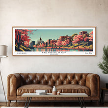 Cargar imagen en el visor de la galería, Birmingham Alabama Panoramic Painting, Framed Canvas Print, Mid Century Modern Wall Art, Retro Pop Art Travel Poster, Office Decor, City Art

