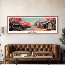 Cargar imagen en el visor de la galería, Cary North Carolina Panoramic Painting, Framed Canvas Print, Mid Century Modern Wall Art, Retro Pop Art Travel Poster, Office Decor, City Art
