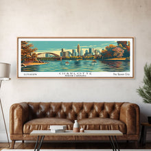 Cargar imagen en el visor de la galería, Charlotte North Carolina Panoramic Painting, Framed Canvas Print, Mid Century Modern Wall Art, Retro Pop Art Travel Poster, Living Room Decor, City Art
