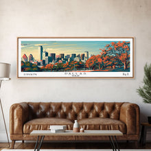 Load image into Gallery viewer, Dallas Texas Panoramic Painting, Framed Canvas Print, Mid Century Modern Wall Art, Retro Pop Art Travel Poster, Home Decor, City Art
