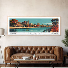 Carregar imagem no visualizador da galeria, Fontana California Panoramic Painting, Framed Canvas Print, Mid Century Modern Wall Art, Retro Pop Art Travel Poster, Living Room Decor, City Art
