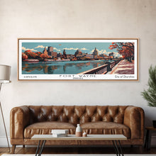 Load image into Gallery viewer, Fort Wayne Indiana Panoramic Painting, Framed Canvas Print, Mid Century Modern Wall Art, Retro Pop Art Travel Poster, Office Decor, City Art

