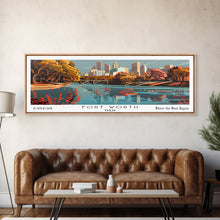 Load image into Gallery viewer, Fort Worth Texas Panoramic Painting, Framed Canvas Print, Mid Century Modern Wall Art, Retro Pop Art Travel Poster, Home Decor, City Art
