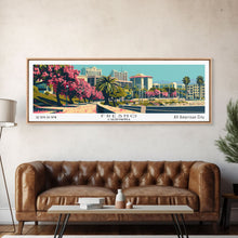 Load image into Gallery viewer, Fresno California Panoramic Painting, Framed Canvas Print, Mid Century Modern Wall Art, Retro Pop Art Travel Poster, Living Room Decor, City Art
