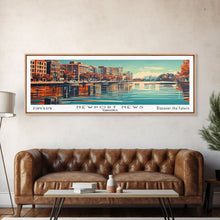 Load image into Gallery viewer, Newport News Virginia Panoramic Wall Art, Mid Century Modern Framed Canvas Print, Retro Pop Art Travel Poster, Office Decor, Cityscape Art
