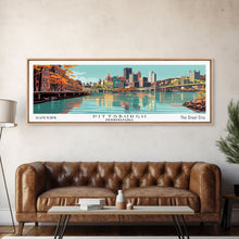 Load image into Gallery viewer, Pittsburgh Pennsylvania Panoramic Wall Art, Mid Century Modern Framed Canvas Print, Retro Pop Art Travel Poster, Office Decor, Gift Idea

