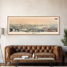 Cargar imagen en el visor de la galería, Belgrade Serbia Panoramic Travel Poster, Framed Canvas Print or Metal Wall Art, Travel Art, Home Decor, Panoramic Painting, Midcentury Art
