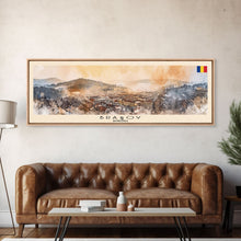 Load image into Gallery viewer, Brasov Romania Panoramic Travel Poster, Framed Canvas Print or Metal Wall Art, Travel Art, Home Decor, Panoramic Painting, Midcentury Art
