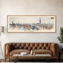 Carregar imagem no visualizador da galeria, Brussels Belgium Panoramic Travel Poster, Framed Canvas Print or Metal Wall Art, Travel Art, Home Decor, Panoramic Painting, Midcentury Art
