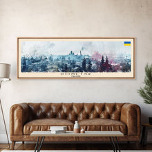 Load image into Gallery viewer, Donetsk Ukraine Panoramic Travel Poster, Framed Canvas Print or Metal Wall Art, Travel Art, Home Decor, Panoramic Painting, Midcentury Art
