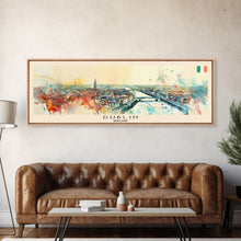 Load image into Gallery viewer, Dublin Ireland Panoramic Travel Poster, Framed Canvas Print or Metal Wall Art, Travel Art, Home Decor, Panoramic Painting, Midcentury Art
