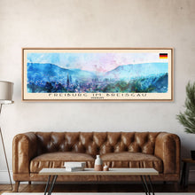 Load image into Gallery viewer, Freiburg Germany Panoramic Travel Poster, Framed Canvas Print or Metal Wall Art, Travel Art, Home Decor, Panoramic Painting, Midcentury Art
