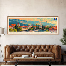 Load image into Gallery viewer, Banja Luka Bosnia Panoramic Travel Poster, Framed Canvas Print or Metal Wall Art, Travel Art, Home Decor, Panoramic Painting, Midcentury Art
