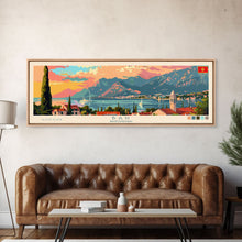 Load image into Gallery viewer, Bar Montenegro Panoramic Travel Poster, Framed Canvas Print or Metal Wall Art, Travel Art, Home Decor, Panoramic Painting, Midcentury Art
