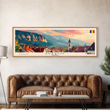 Load image into Gallery viewer, Brasov Romania Panoramic Travel Poster, Framed Canvas Print or Metal Wall Art, Travel Art, Home Decor, Panoramic Painting, Midcentury Art
