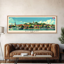Cargar imagen en el visor de la galería, Belgrade Serbia Panoramic Travel Poster, Framed Canvas Print or Metal Wall Art, Travel Art, Home Decor, Panoramic Painting, Midcentury Art
