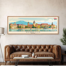 Load image into Gallery viewer, Debrecen Hungary Panoramic Travel Poster, Framed Canvas Print or Metal Wall Art, Travel Art, Home Decor, Panoramic Painting, Midcentury Art
