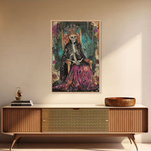 Cargar imagen en el visor de la galería, Skeleton King in Regal Throne Framed Canvas Print, Royalty Decor, Halloween Skeleton Art, Haunted Mansion Wall Art, Gothic Skeleton Print
