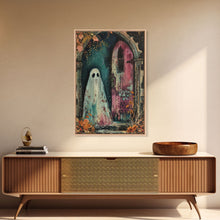 Load image into Gallery viewer, Ghostly Figure at Haunted Door Framed Canvas Print, Halloween Spirit Decor, Spooky Ghost Art, Haunted House Wall Art, Creepy Ghostly Print
