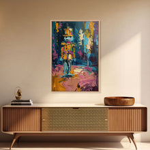 Load image into Gallery viewer, Colorful Skeleton Nutcracker Framed Canvas Print, Halloween Nutcracker Decor, Spooky Toy Art, Skeleton Wall Art, Haunted Nutcracker Print
