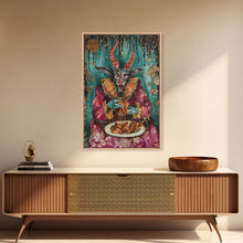 Carregar imagem no visualizador da galeria, A demon eating some hot wings - hope he didn&#39;t sell his soul for them they look pretty good! Halloween Wall Art Framed Canvas

