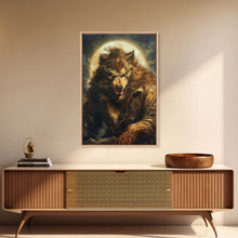 Carregar imagem no visualizador da galeria, Ferocious Werewolf Under Full Moon Framed Canvas Print | Halloween Monster Art | Spooky Werewolf Decor for Home | Intense Werewolf Artwork
