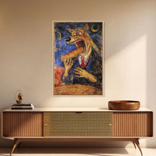 Carregar imagem no visualizador da galeria, Business Werewolf Eating a Hot Dog, Framed Canvas print, Funny Halloween Art, Spooky Season, The Scream Inspired Funny Art
