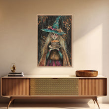 Load image into Gallery viewer, The Witch and Her Pancakes, Breakfast Witch, Framed Canvas Print, Funny Halloween Art
