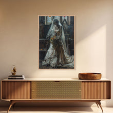 Load image into Gallery viewer, Ghostly Bride in Abandoned Church Framed Canvas Print | Halloween Bride Art | Eerie Bride Decor for Home | Haunted Wedding Artwork
