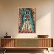 Load image into Gallery viewer, Skeleton Bride in Floral Arch Framed Canvas Print | Halloween Bride Art | Spooky Bride Decor for Home | Gothic Wedding Artwork
