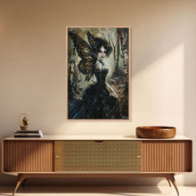 Load image into Gallery viewer, Dark Gothic Fairy with Butterfly Wings| Halloween Wall Art | Spooky Home Decor | Creepy Gothic Fairy Painting | Framed Canvas Print
