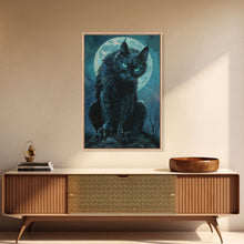 Carregar imagem no visualizador da galeria, Black Cat with Piercing Eyes Against Full Moon | Halloween Wall Art | Spooky Home Decor | Creepy Black Cat Painting | Framed Canvas Print
