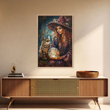 Load image into Gallery viewer, Enchanting Witch with Crystal Ball, Framed Canvas Print, Mystical Halloween Art, Spooky Witch Decor, Witchcraft Illustration, Magical Decor
