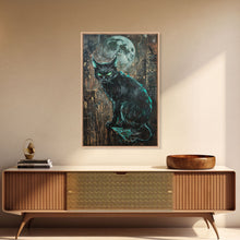 Carregar imagem no visualizador da galeria, Black Cat with Piercing Green Eyes, Framed Canvas Print, Spooky Cat Art, Witchy Feline Decor, Halloween Wall Art, Gothic Cat Decor
