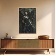 Load image into Gallery viewer, Dark Angel with Glowing Eyes in Haunted Forest - Mysterious Gothic Framed Canvas Print, Halloween Wall Art Decor
