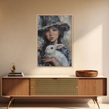 Load image into Gallery viewer, Enchanting Witch with White Rabbit in Serene Autumn Setting - Mystical Forest Art Framed Canvas Print, Halloween Home Decor
