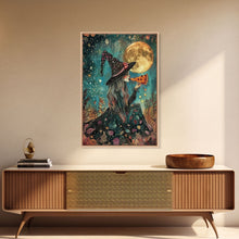 Load image into Gallery viewer, Spring Witch and Her Slice Of Pizza, Framed Canvas Print, Cute / Funny Halloween Art

