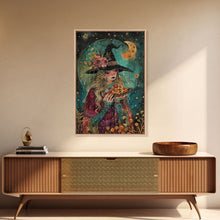 Load image into Gallery viewer, Summer Witch and Her Slice Of Pizza, Framed Canvas Print, Cute / Funny Halloween Art
