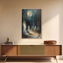 Carregar imagem no visualizador da galeria, Ghostly Figures in Forest, Halloween Art Print, Spooky Home Decor, Framed Canvas Print, Creepy Art, Halloween Wall Decor, Seasonal Wall Art
