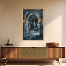 Load image into Gallery viewer, Dark Gothic Hallway Halloween Art, Spooky Hallway, Haunted Passage, Creepy Architecture, Gothic Decor, Framed Canvas Print
