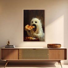 Load image into Gallery viewer, Cute Ghost Chompin on A Pizza, Ghostly Pizza Pirate, Framed Canvas Print, Funny Halloween Spooky Season Art
