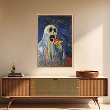 Load image into Gallery viewer, Spooky Ghost Eatin a Pizza, YUM! Funny Halloween Art
