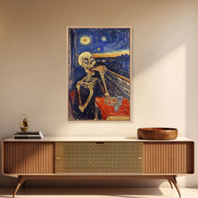 Load image into Gallery viewer, Spooky Skeleton Dude Eatin&#39; a Pizza, Starry Night Inspired Funny Halloween Art, Framed Canvas Print
